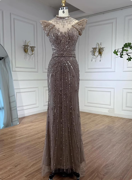 Vintage Champagne Brown Mermaid Stand Collar Shoulder Sleeve Full Diamond Sequin Tulle Long Prom Dress Evening Dress