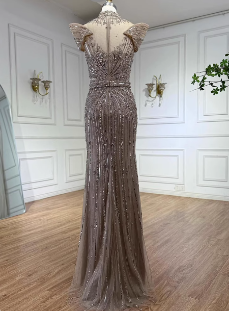 Vintage Champagne Brown Mermaid Stand Collar Shoulder Sleeve Full Diamond Sequin Tulle Long Prom Dress Evening Dress