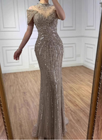 Vintage Champagne Brown Mermaid Stand Collar Shoulder Sleeve Full Diamond Sequin Tulle Long Prom Dress Evening Dress