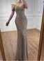 Vintage Champagne Brown Mermaid Stand Collar Shoulder Sleeve Full Diamond Sequin Tulle Long Prom Dress Evening Dress
