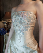 Vintage Champagne Gold A-Line Strapless Embroidered Satin Train Prom Dress Evening Dress