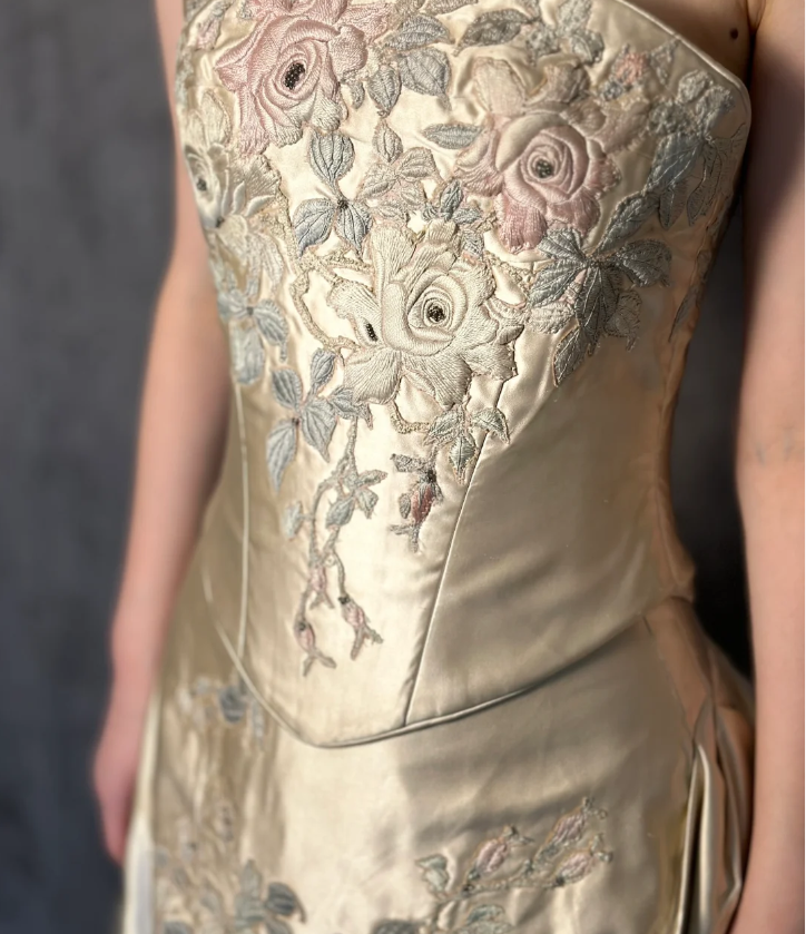 Vintage Champagne Gold A-Line Strapless Embroidered Satin Train Prom Dress Evening Dress
