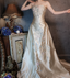 Vintage Champagne Gold A-Line Strapless Embroidered Satin Train Prom Dress Evening Dress
