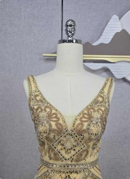 Vintage Champagne Gold Mermaid V-Neck Beaded Embroidered Tulle Long Prom Dress Evening Dress Secondary image