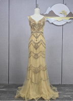 Vintage Champagne Gold Mermaid V-Neck Beaded Embroidered Tulle Long Prom Dress Evening Dress