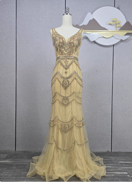 Vintage Champagne Gold Mermaid V-Neck Beaded Embroidered Tulle Long Prom Dress Evening Dress