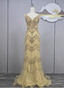 Vintage Champagne Gold Mermaid V-Neck Beaded Embroidered Tulle Long Prom Dress Evening Dress