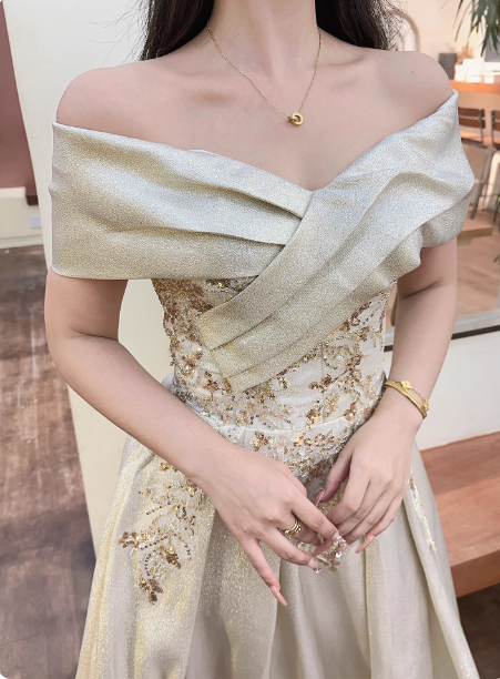Vintage Champagne Gold Off-The-Shoulder Embroidered Satin Long Prom Dress Evening Dress