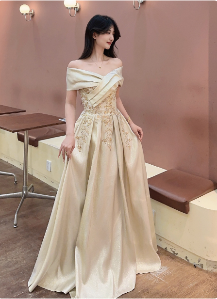 Vintage Champagne Gold Off-The-Shoulder Embroidered Satin Long Prom Dress Evening Dress Main image