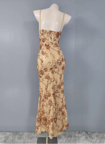 Vintage Champagne Gold Spaghetti Strap V-Neck Rose Sequin Long Prom Dress Evening Dress Secondary image