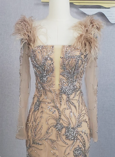 Vintage Champagne Mermaid Long Sleeve Square Neck Feather Beaded Tulle Long Prom Dress Evening Dress Secondary image