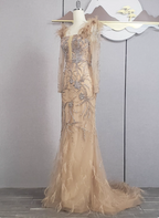 Vintage Champagne Mermaid Long Sleeve Square Neck Feather Beaded Tulle Long Prom Dress Evening Dress