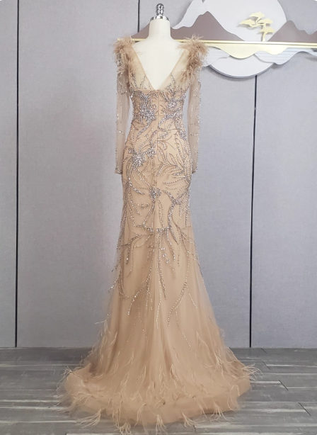 Vintage Champagne Mermaid Long Sleeve Square Neck Feather Beaded Tulle Long Prom Dress Evening Dress