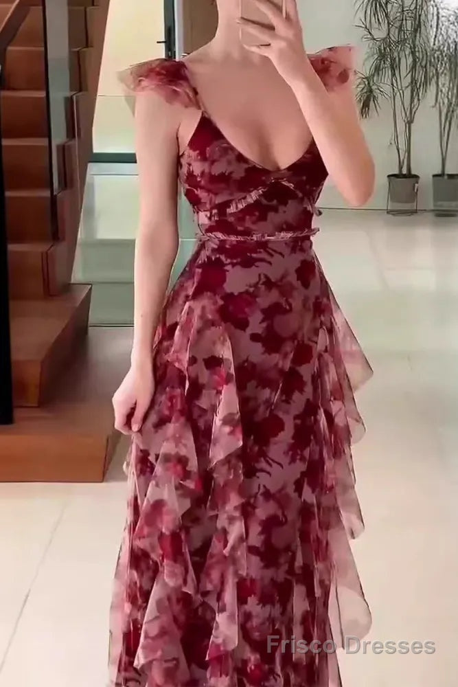 Vintage Chiffon Print Irregular Ruffles Long Prom Dress A Line Party Dress