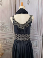 Vintage Court Black Embroidery Circular Pattern Black Diamond Chiffon Long Prom Dress Evening Dress