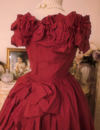 Vintage Court Red Bow Off-The-Shoulder Satin Ball Gown Evening Dress