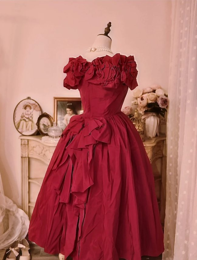 Vintage Court Red Bow Off-The-Shoulder Satin Ball Gown Evening Dress
