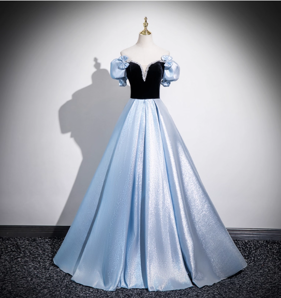 Vintage Court Blue Off-Shoulder Bow Velvet Satin Long Ball Gown Evening Dress Sweet 16 Dress Secondary image