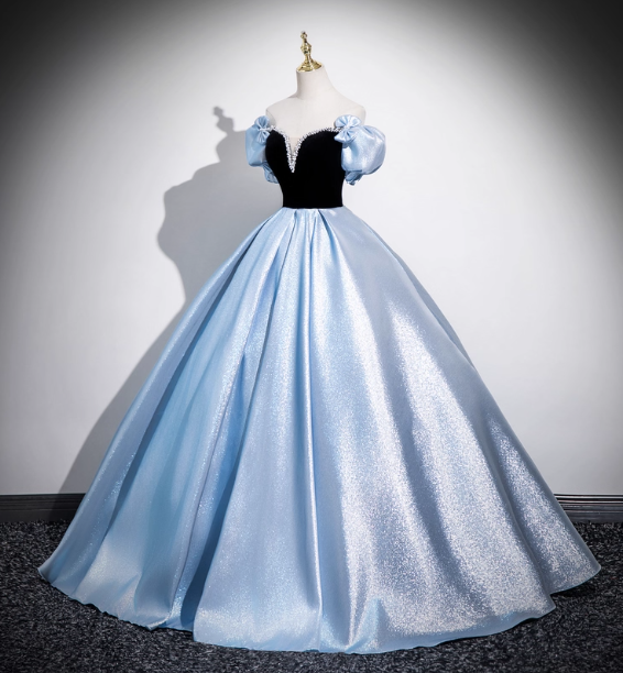 Vintage Court Blue Off-Shoulder Bow Velvet Satin Long Ball Gown Evening Dress Sweet 16 Dress