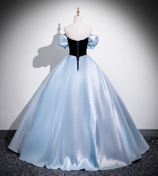 Vintage Court Blue Off-Shoulder Bow Velvet Satin Long Ball Gown Evening Dress Sweet 16 Dress