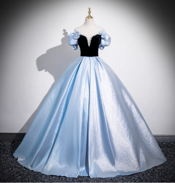 Vintage Court Blue Off-Shoulder Bow Velvet Satin Long Ball Gown Evening Dress Sweet 16 Dress