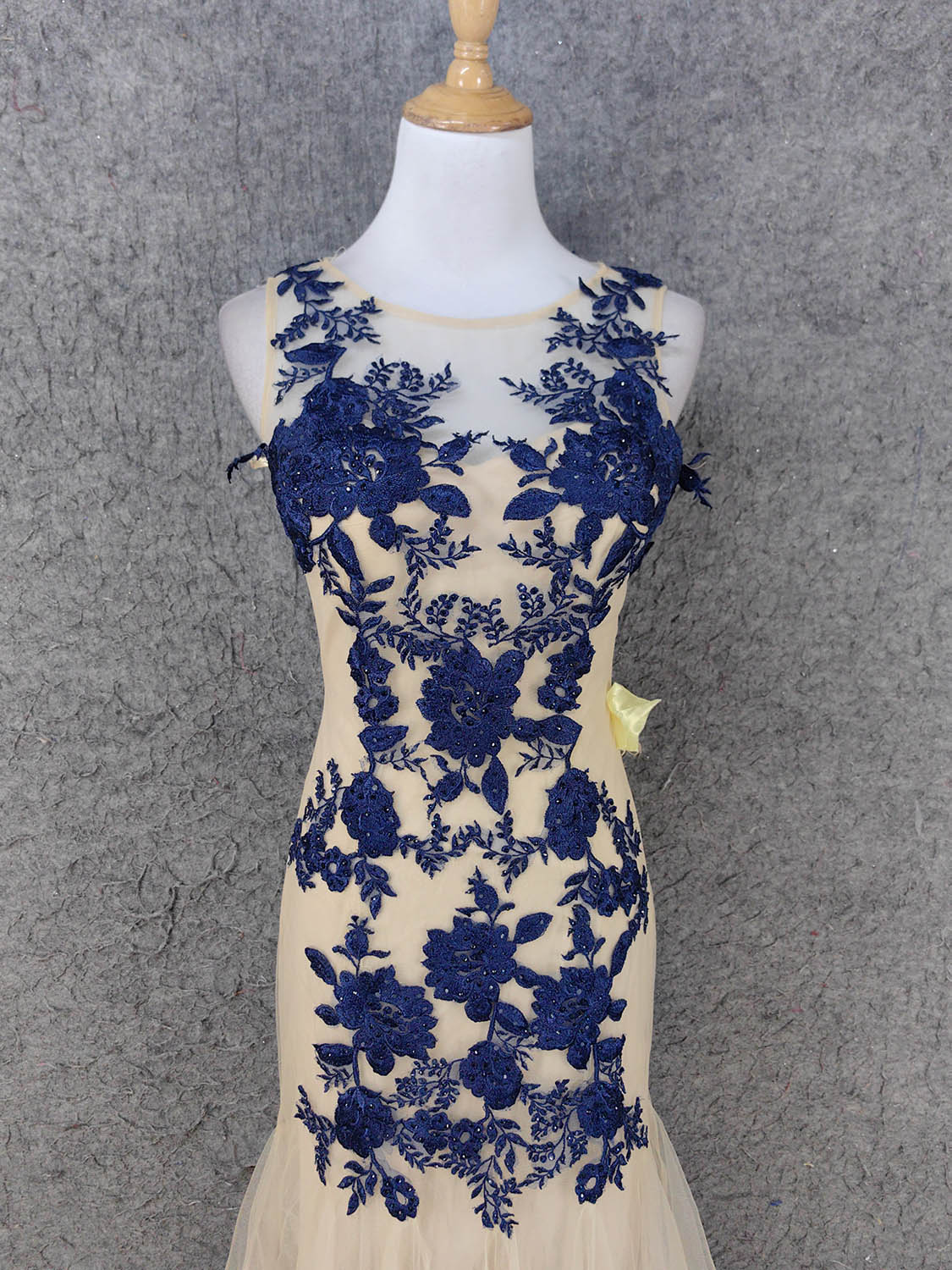 Vintage Cream Navy Mermaid Crew Neck Sleeveless Embroidered Tulle Long – Frisco Dresses