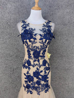 Vintage Cream Navy Mermaid Crew Neck Sleeveless Embroidered Tulle Long Prom Dress Evening Dress