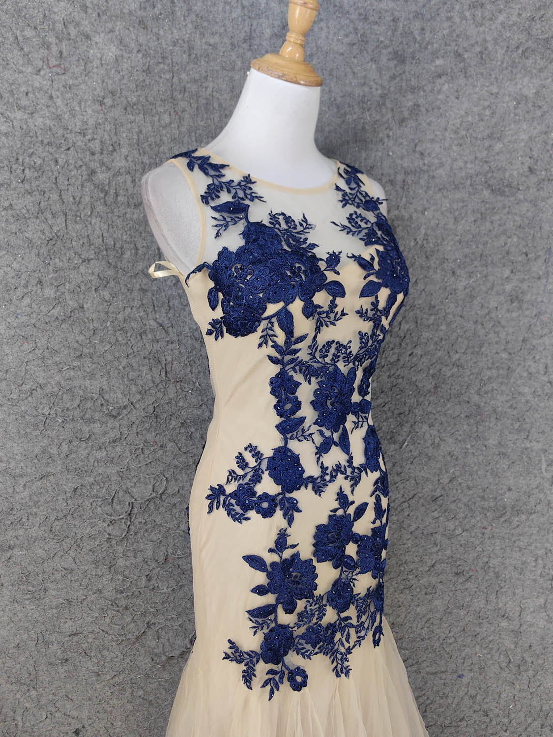 Vintage Cream Navy Mermaid Crew Neck Sleeveless Embroidered Tulle Long – Frisco Dresses