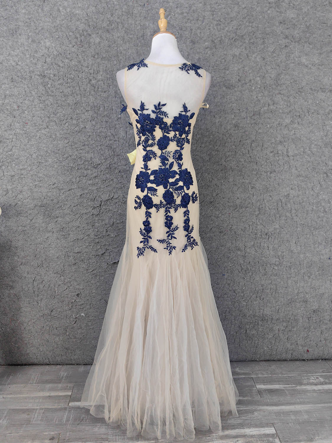 Vintage Cream Navy Mermaid Crew Neck Sleeveless Embroidered Tulle Long – Frisco Dresses