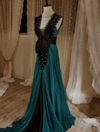 Vintage Dark Green A-Line V-Neck Bow Beaded Chiffon Long Prom Dress Evening Dress