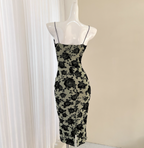 Vintage Dark Green Base Black Rose Printed Slim-Fit Spaghetti Strap Satin Prom Dress Evening Dress