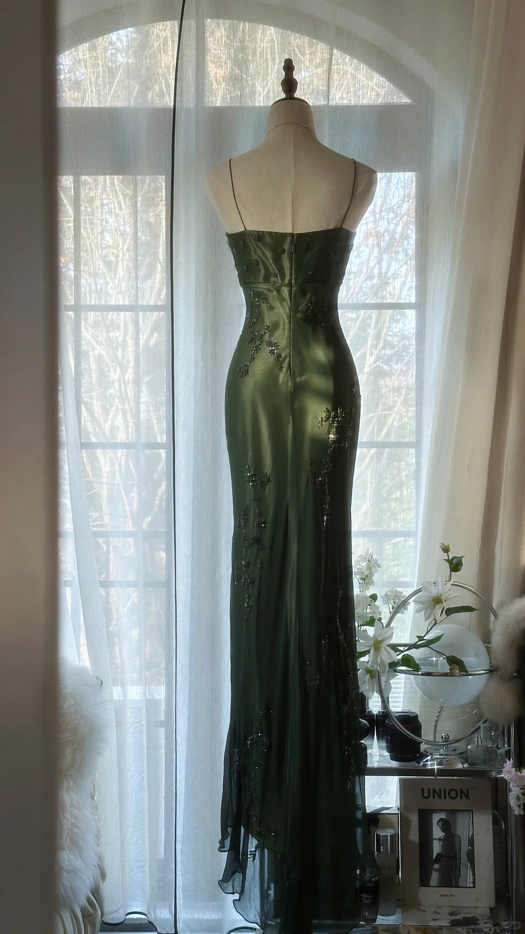 Vintage Dark Green Strapless Beaded Chiffon Mermaid Long Prom Dress Secondary image