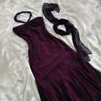 Vintage Dark Purple Halter-Neck Beaded Ruffled Charming Prom Dress Evening Dress Party Dress