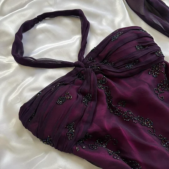Vintage Dark Purple Halter-Neck Beaded Ruffled Charming Prom Dress Evening Dress Party Dress