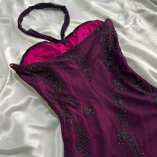 Vintage Dark Purple Halter-Neck Beaded Ruffled Charming Prom Dress Evening Dress Party Dress