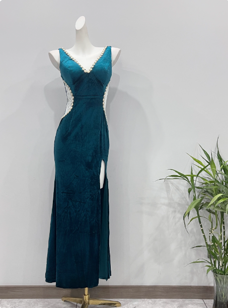 Vintage Deep Peacock Blue Mermaid V-Neck Pearl Slit Velvet Long Prom Dress Evening Dress Secondary image