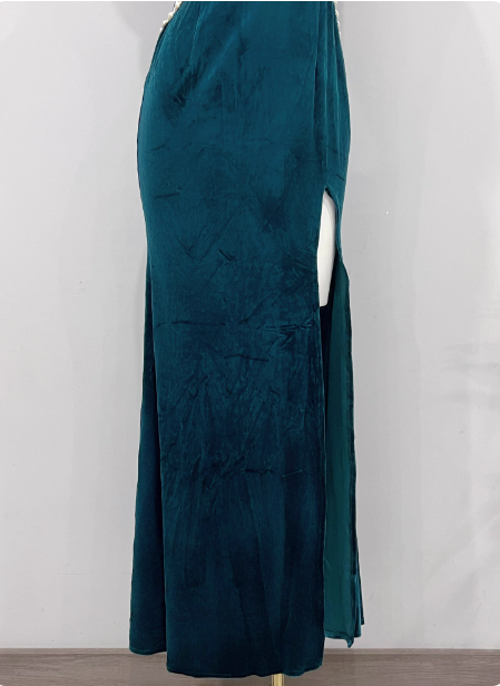 Vintage Deep Peacock Blue Mermaid V-Neck Pearl Slit Velvet Long Prom Dress Evening Dress