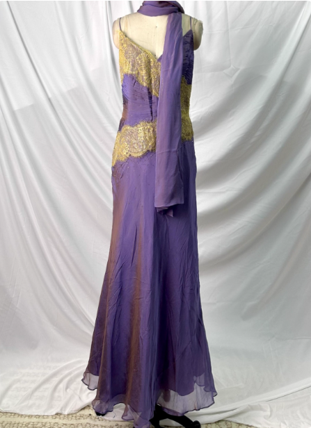 Vintage Deep Purple Gold Lace Thin Strap V-Neck Chiffon Long Prom Dress Evening Dress Main image