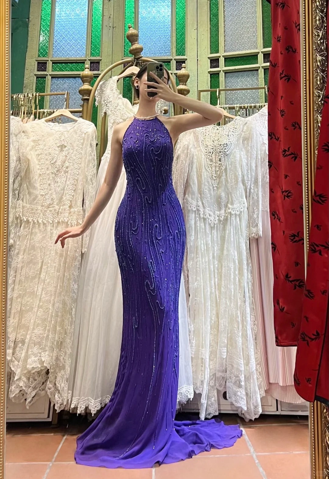 Vintage Deep Purple Mermaid Halter Neck Backless Beaded Chiffon Prom Dress Evening Dress Secondary image