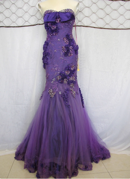 Vintage Deep Purple Mermaid Strapless 3D Floral Beaded Tulle Long Prom Dress Evening Dress Main image