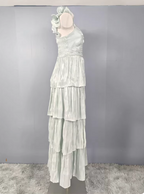 Vintage Dusty Sage A-Line V-Neck Satin Tiered Long Prom Dress Evening Dress