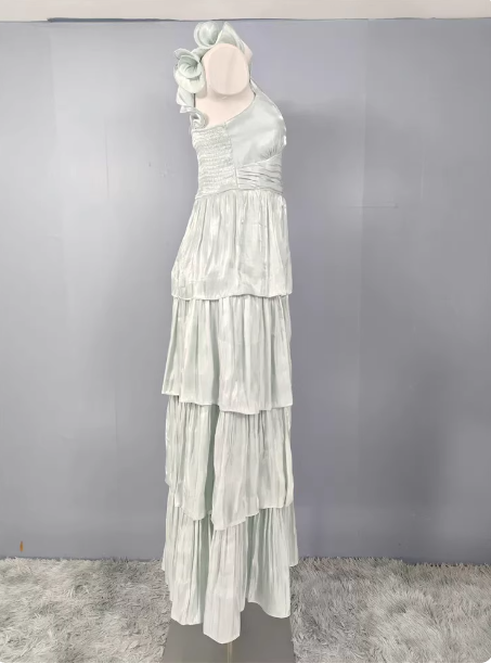 Vintage Dusty Sage A-Line V-Neck Satin Tiered Long Prom Dress Evening Dress
