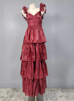 Vintage Dusty Sage A-Line V-Neck Satin Tiered Long Prom Dress Evening Dress