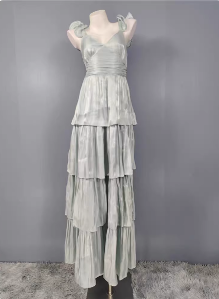 Vintage Dusty Sage A-Line V-Neck Satin Tiered Long Prom Dress Evening Dress Main image