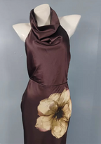 Vintage Elegant Dark Brown Printed Halter Neck Open Back Satin Long Prom Dress Evening Dress