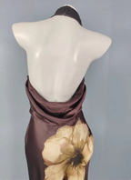 Vintage Elegant Dark Brown Printed Halter Neck Open Back Satin Long Prom Dress Evening Dress