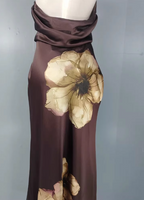 Vintage Elegant Dark Brown Printed Halter Neck Open Back Satin Long Prom Dress Evening Dress
