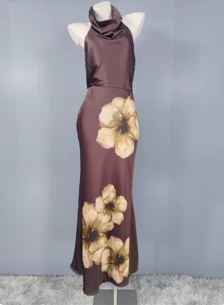 Vintage Elegant Dark Brown Printed Halter Neck Open Back Satin Long Prom Dress Evening Dress Main image