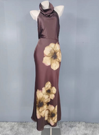 Vintage Elegant Dark Brown Printed Halter Neck Open Back Satin Long Prom Dress Evening Dress
