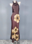 Vintage Elegant Dark Brown Printed Halter Neck Open Back Satin Long Prom Dress Evening Dress